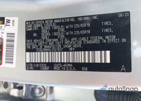 2020 Toyota Highlander Xle z USA, uszkodzony, nr VIN 5TDGZRBHXLS521837